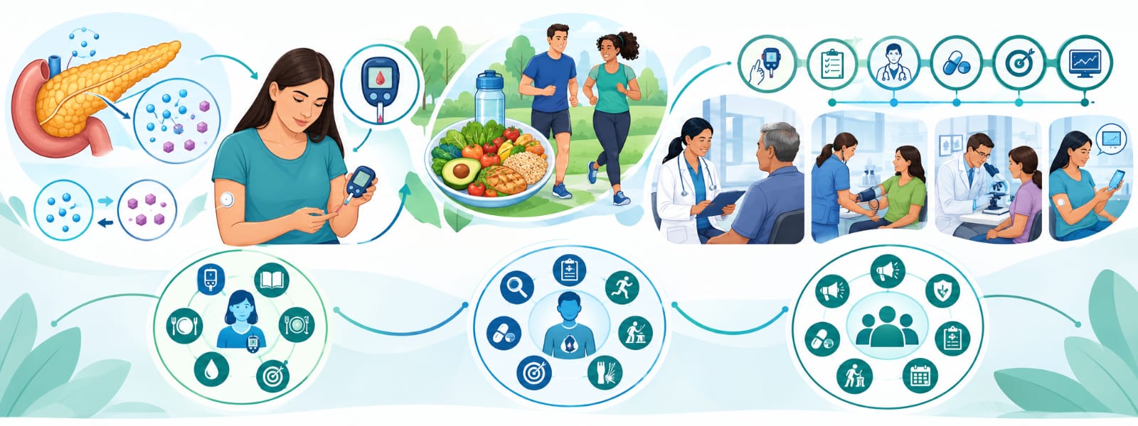 Ilustración: páncreas, persona midiendo su glucosa, alimentación saludable y actividad física, y atención por el equipo de salud