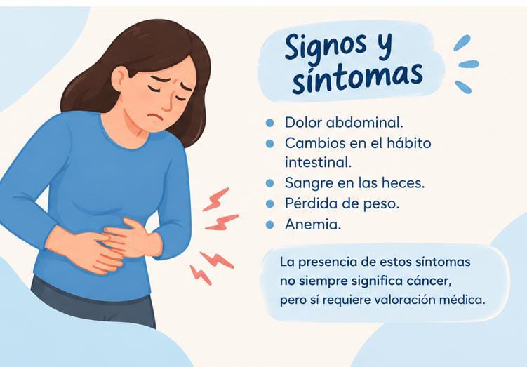 Signos y síntomas: dolor abdominal, cambios en el hábito intestinal, sangre en las heces, pérdida de peso y anemia