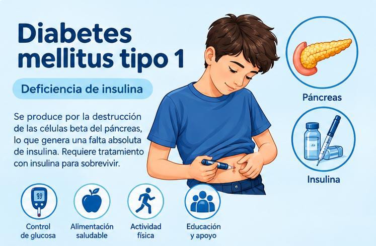 Niño aplicándose insulina en el abdomen; páncreas e insulina